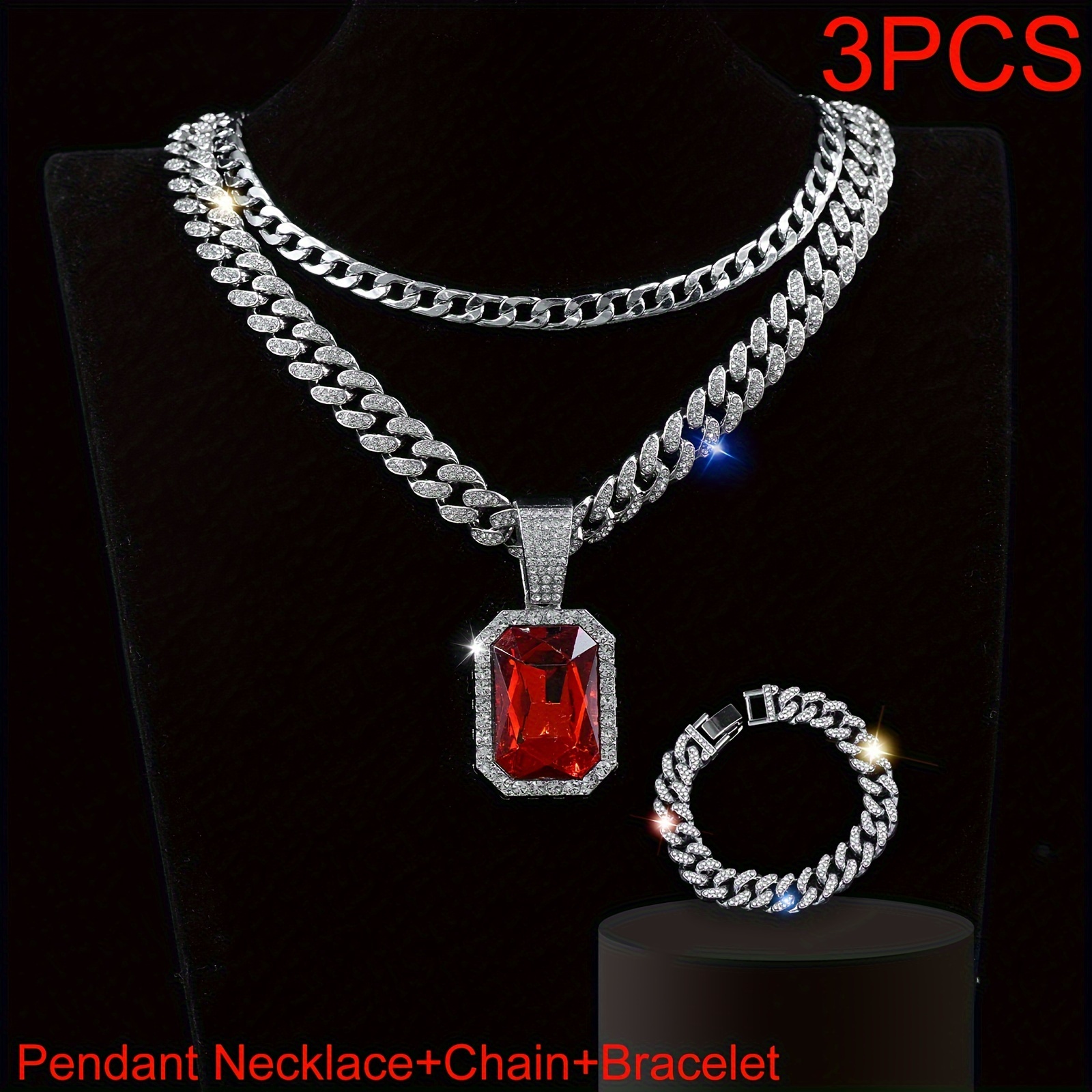 

3pcs/set Creative Hip Hop Punk Faux Red Stone Pendant Cuban Bracelet Chain & Necklace Inlaid Rhinestones, Layered Chain Jewelry Sets For Women And Men