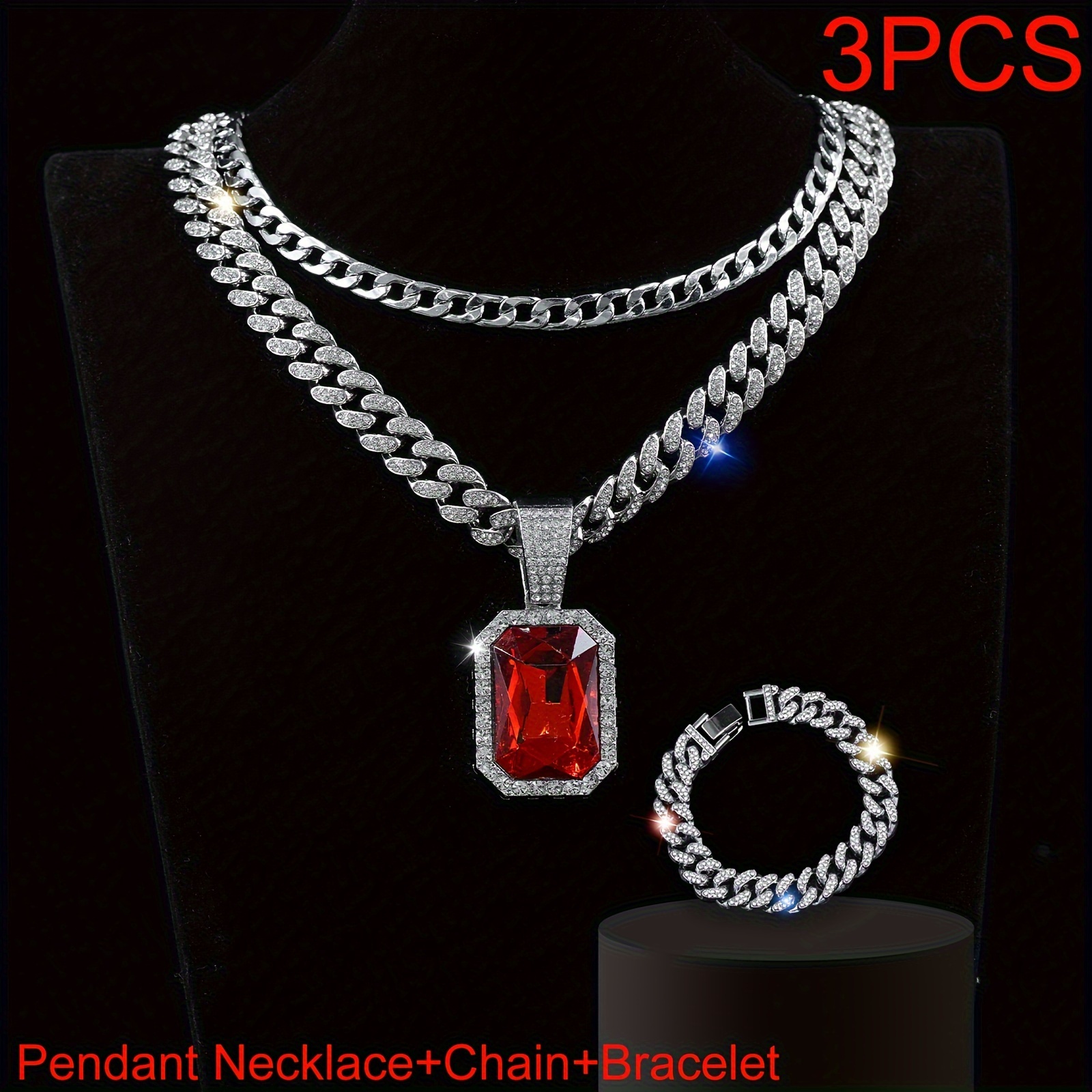 

3pcs/set Creative Hip Hop Punk Faux Red Stone Pendant Cuban Bracelet Chain Necklace Inlaid Rhinestones Layered Chain Jewelry Sets For Women Men