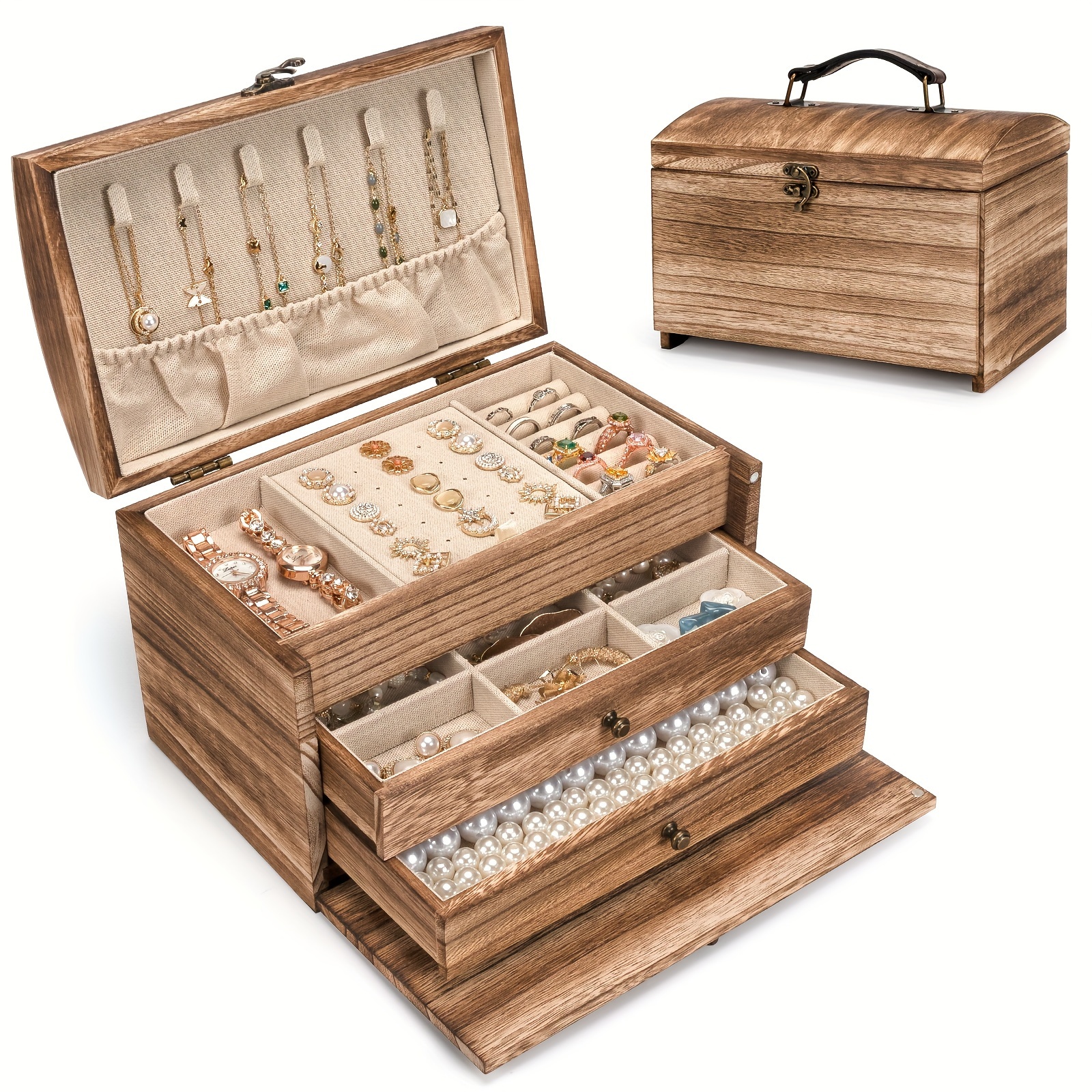 

1pc Jewelry Box Organizer, Wooden Jewelry Boxes For Women Girls, 3 Layer Travel Jewelry Case For Earring Necklace Rings Bracelets