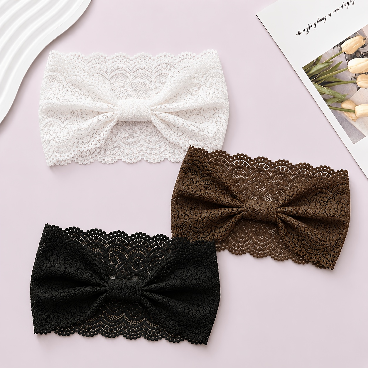 TEMU 3pcs Lace Bow Headbands For Women, Wide- Headbands, Accessories, High-end Mesh Headbands, Vintage Court-style Hair Accessories, Versatile And