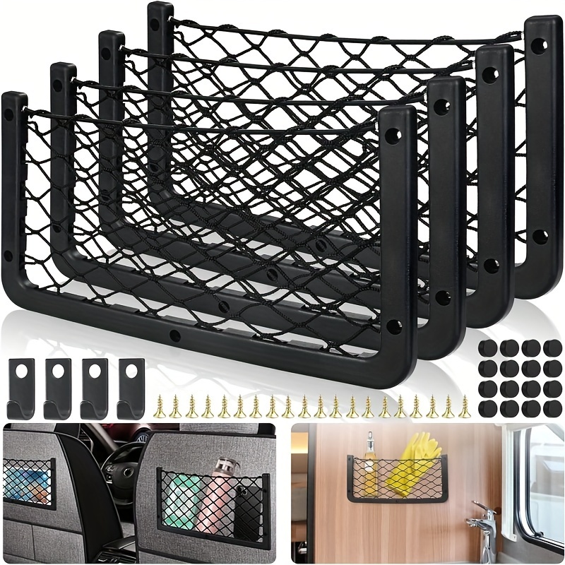 

4-pack Square Polyamide Seat Back Organizer Net With Powder Coating Finish – Universal Storage Mesh With Hooks And Screws For Rv, Boat, Truck, Trailer, Suv – Multi-purpose Car Organizers