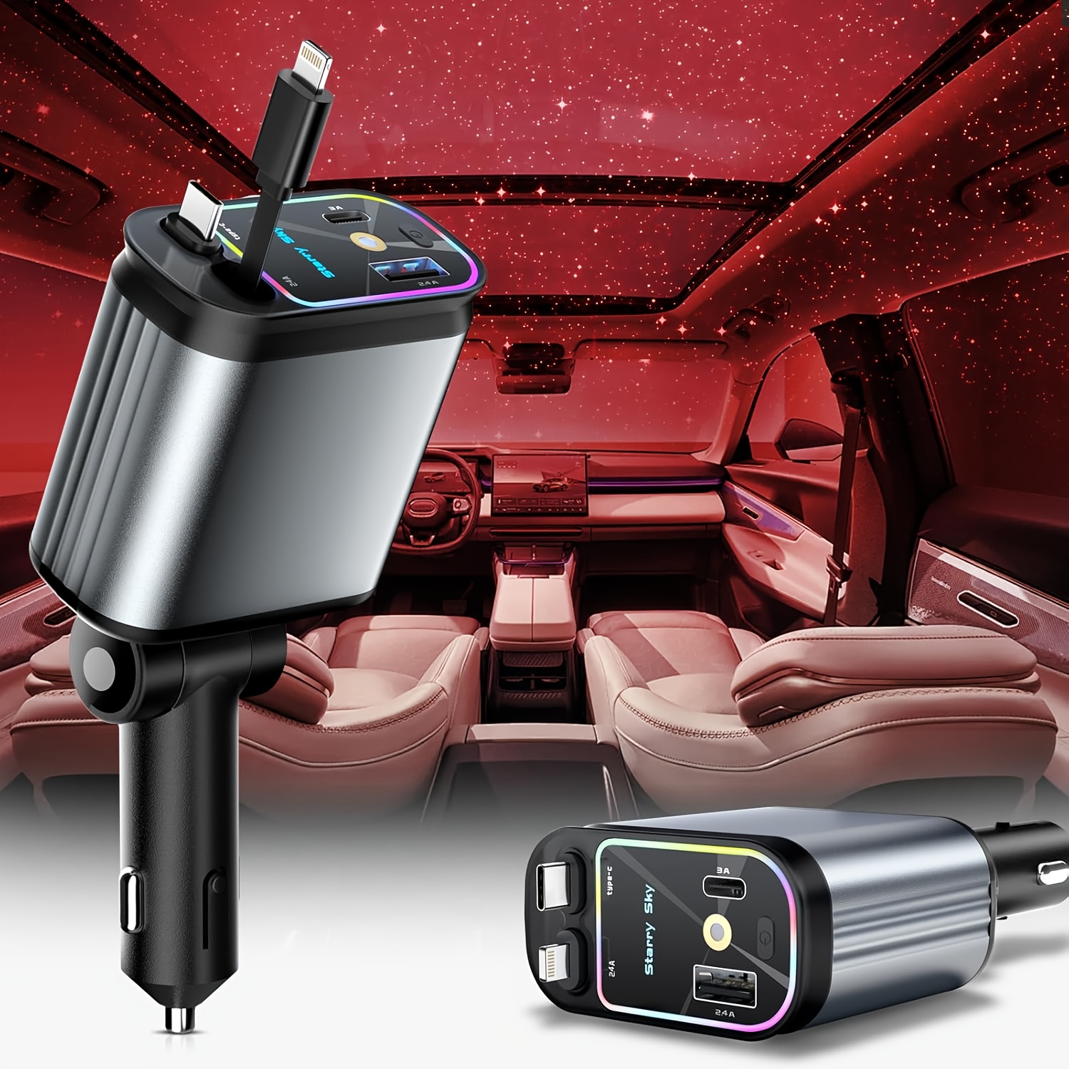 SAN.COMO Retractable Car Charger with 4-in-1 Adapter, 31.5-inch Telescopic Cable & 2 USB Ports, Fast 66W USB C Charger, 180° Adjustable Direction, Anti-Tangle Spring Design, Compatible with Multiple Phone Models, Projection Roof Ambient Light, Universal for All Vehicles