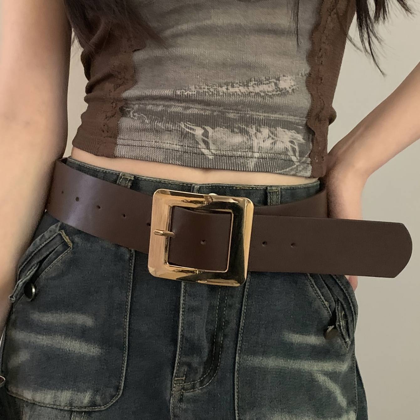 

Vintage Metal Square Buckle Pu Leather Belt Simple Fashionable Versatile Waist Belts Jeans Pants Accessories For Women