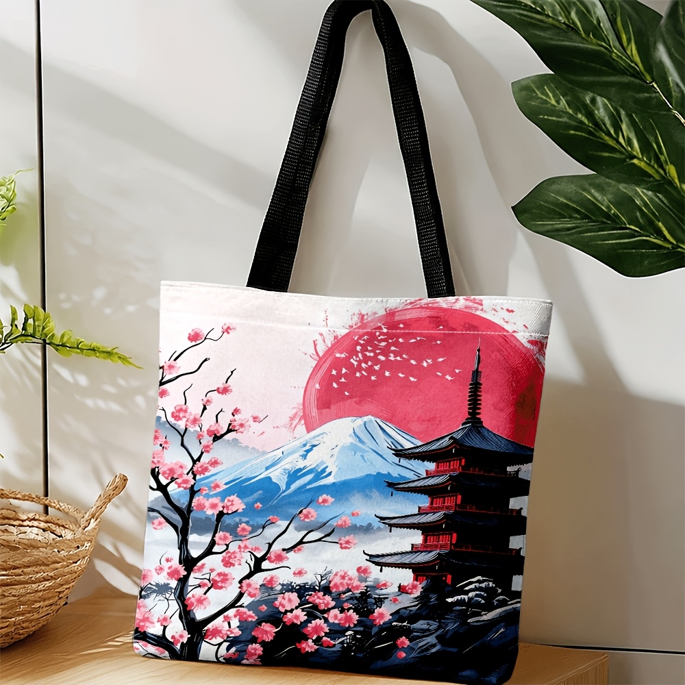 TEMU 【レディース】クロスボディ トートバッグ、桜柄、富士山、赤い太陽、塔プリント、旅行、通勤、普段使いに、春のイベントに