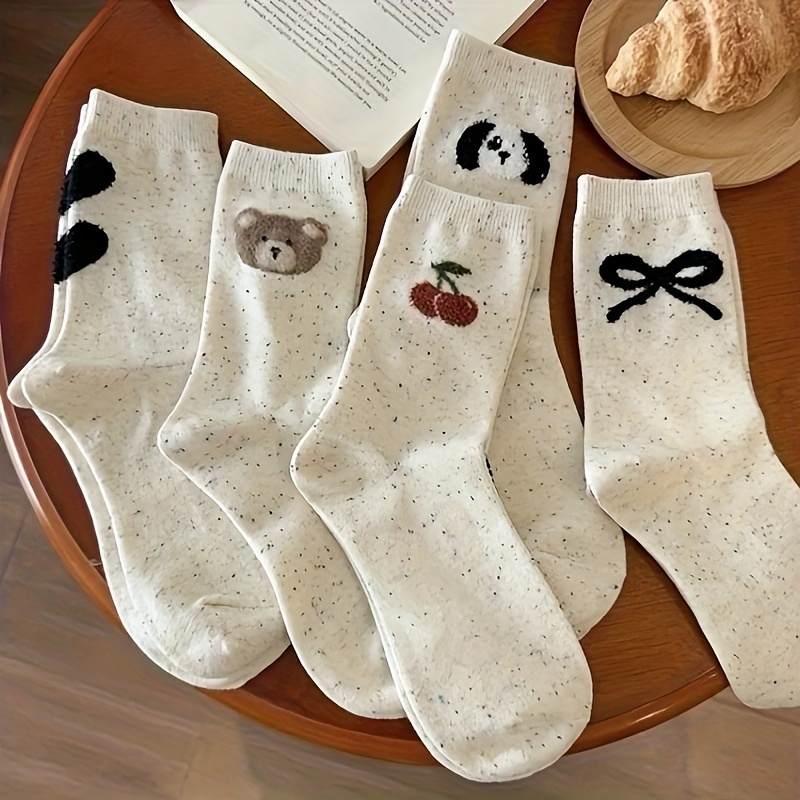 

5 Pairs Of Cute Cartoon All- Socks For Autumn And Winter, Bear And Bowknot, Women's Mid-calf Socks, Heel Socks, College Style, Cartoon Bear, Trendy