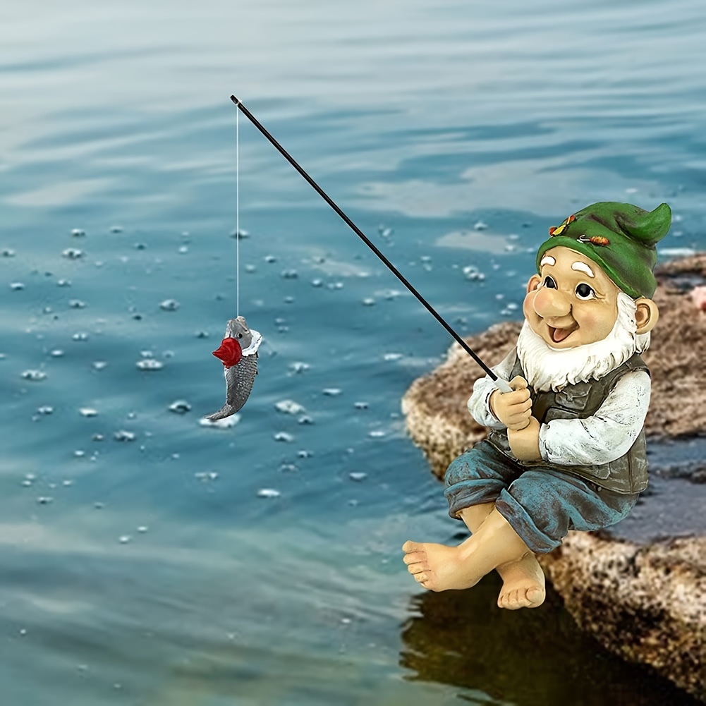 

1pc, Fishing Gnome Figurine With Green Hat And White Beard, Resin Dwarf Statue, Garden Pond Decor, Outdoor Lawn Ornament, Home Decor Accessory