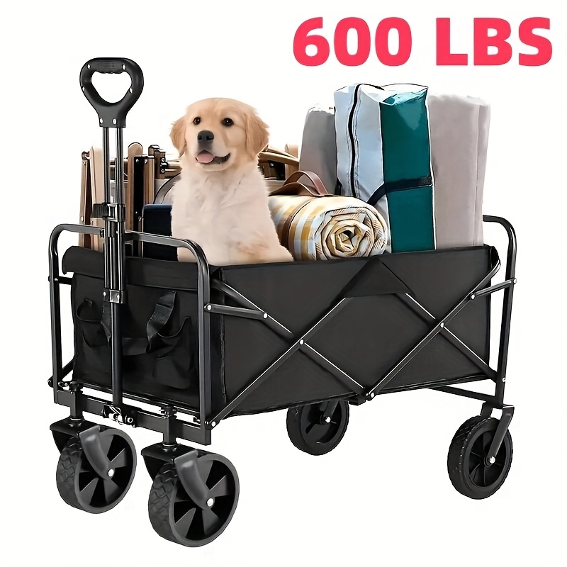 [Heavy Duty Hand Truck] 1pc Heavy Duty Foldable Hand Truck | 330/450/600 lbs Load Capacity, All-terrain Wheels, 27.56'' Interior Space | Great for BBQ, Outdoor Activities, Pet Transport, Beach, Lawn, Camping and Shopping - Black