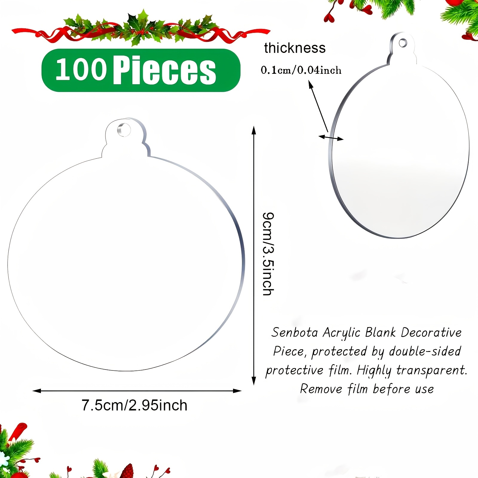 100pcs 3" Clear Acrylic Christmas Ornaments - Unfinished Round Blanks For Tree Decorations & Holiday Party Crafts
