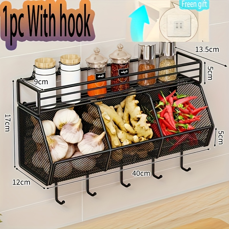 TEMU 1pc Double-layer Onion Garlic Seasoning Bottle Kitchen Rack, Punch-free Wall-mounted Metal Storage Basket, Large Capacity With Hooks, Strong