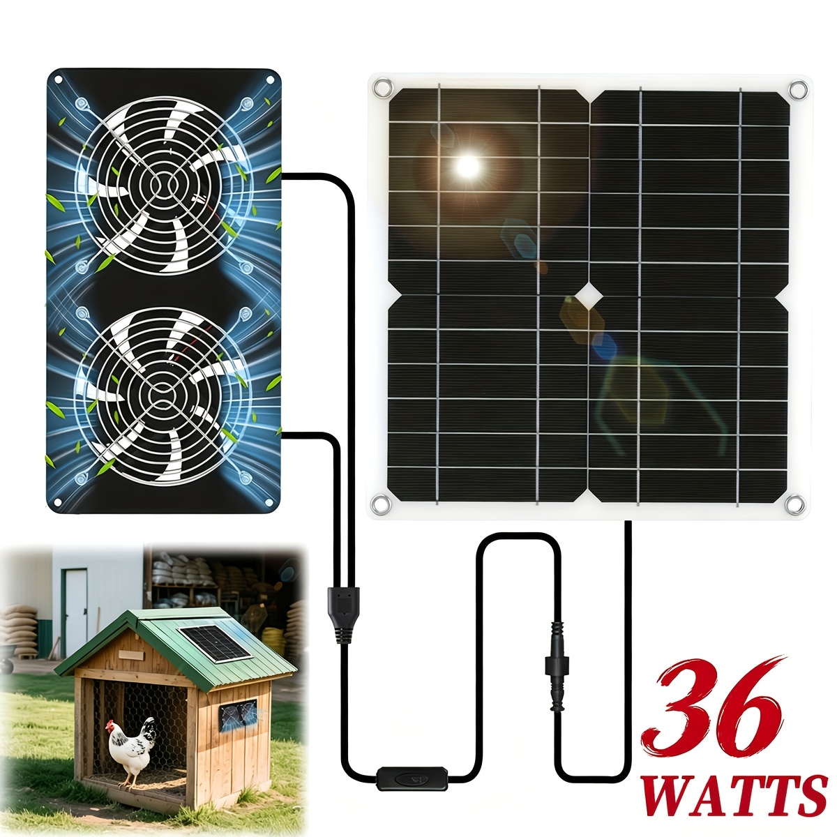TEMU 36w Solar-powered Dual Fan | Small Chicken Coops, Greenhouses, Sheds, Pet Houses, Window Ventilation Ducts, Rvs, Homes And Outdoor Use, Solar