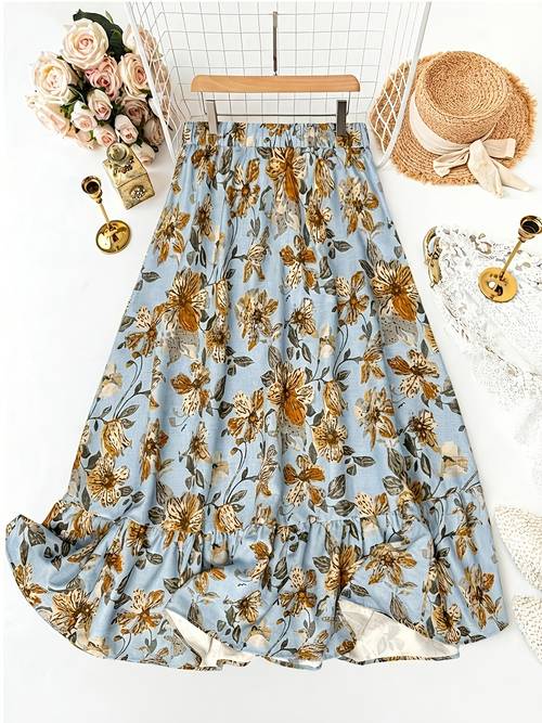 Artikelbild modischer eleganter pendler-midi-rock für damen mit blumendruck für partys, urlaub versammlungen, böhmischer rock mit elastischem bund, zzy frühling/sommer