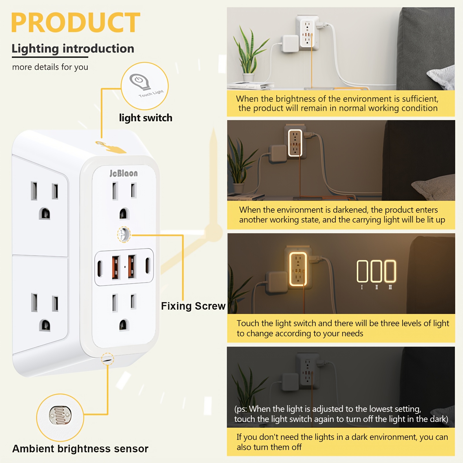 10 in 1 multi plug outlet with night light 6 outlet protector with 4 usb ports 2 usb c a with wall plug adapter for office Product details 3