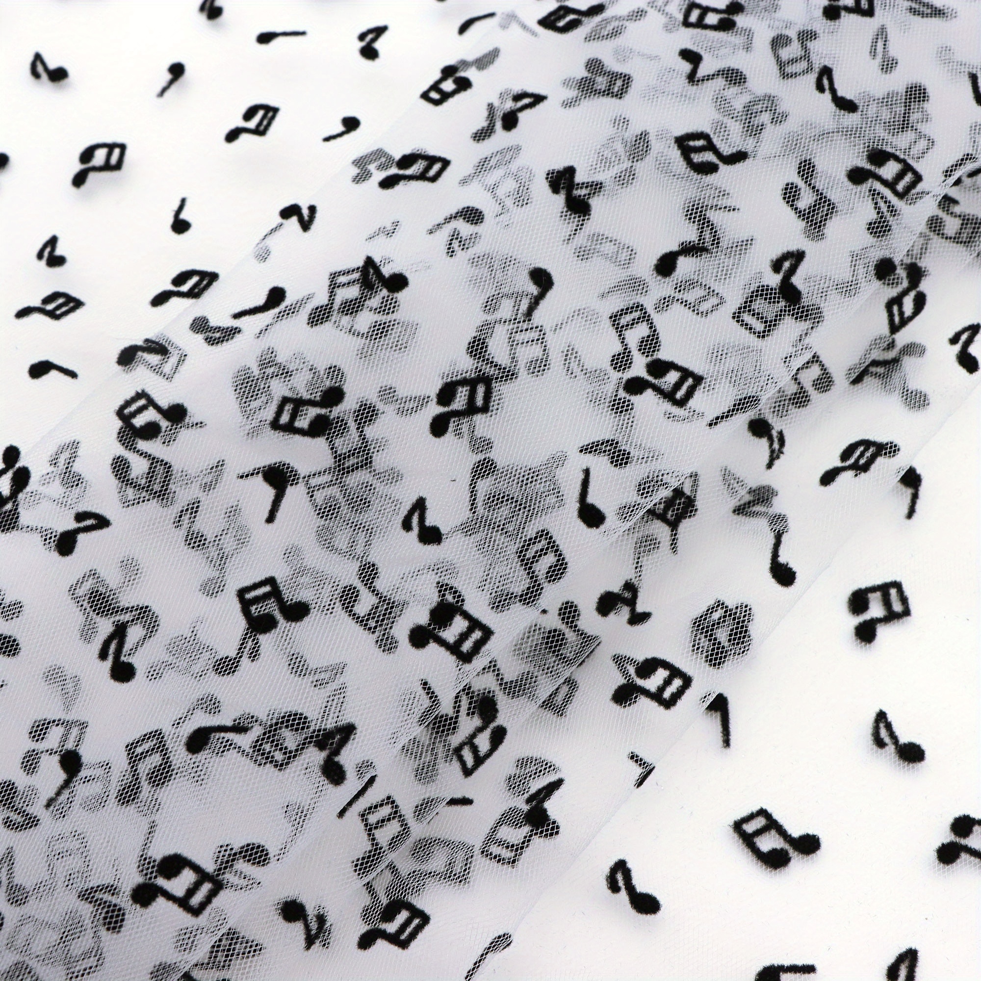Image of 1pc Double-sided Velvet Tulle Fabric - 62.9x19.68 Inch Black & White Floral & 3d Music Note Pattern, 100% Polyester Pre-cut Craft Material For Diy Bows, Party Capes, Photo Backdrops