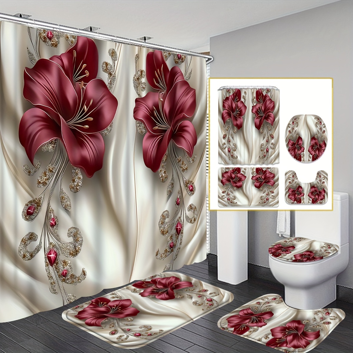 

Jit 1/4pcs Pattern Shower Curtain Set, Decorated Shower Curtain And Mat In And , , Shower Curtain 12 , Bathroom Rug, U-shaped Mat, Mat