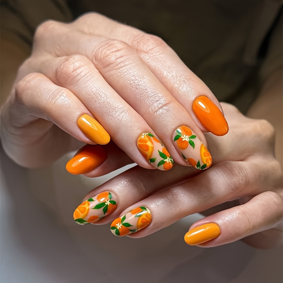 

24pcs Press-on Nails Set, Short Oval Shape, Orange & Yellow Contrast With Orange Floral Printing, Includes Nail Adhesive, Summer Style