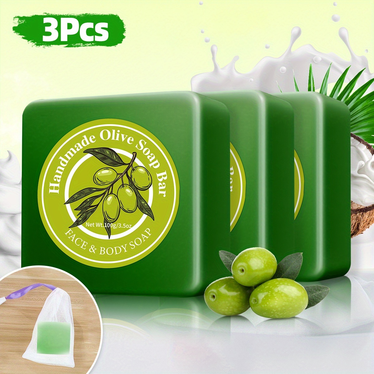 3pcs Unisex 100g Soap Cleanses And Moisturizes Body/Hair with Olive And Coconut Extracts. Includes Foam Mesh for Bubble Cleaning And Works for All Beige Types., Hair Care, Body