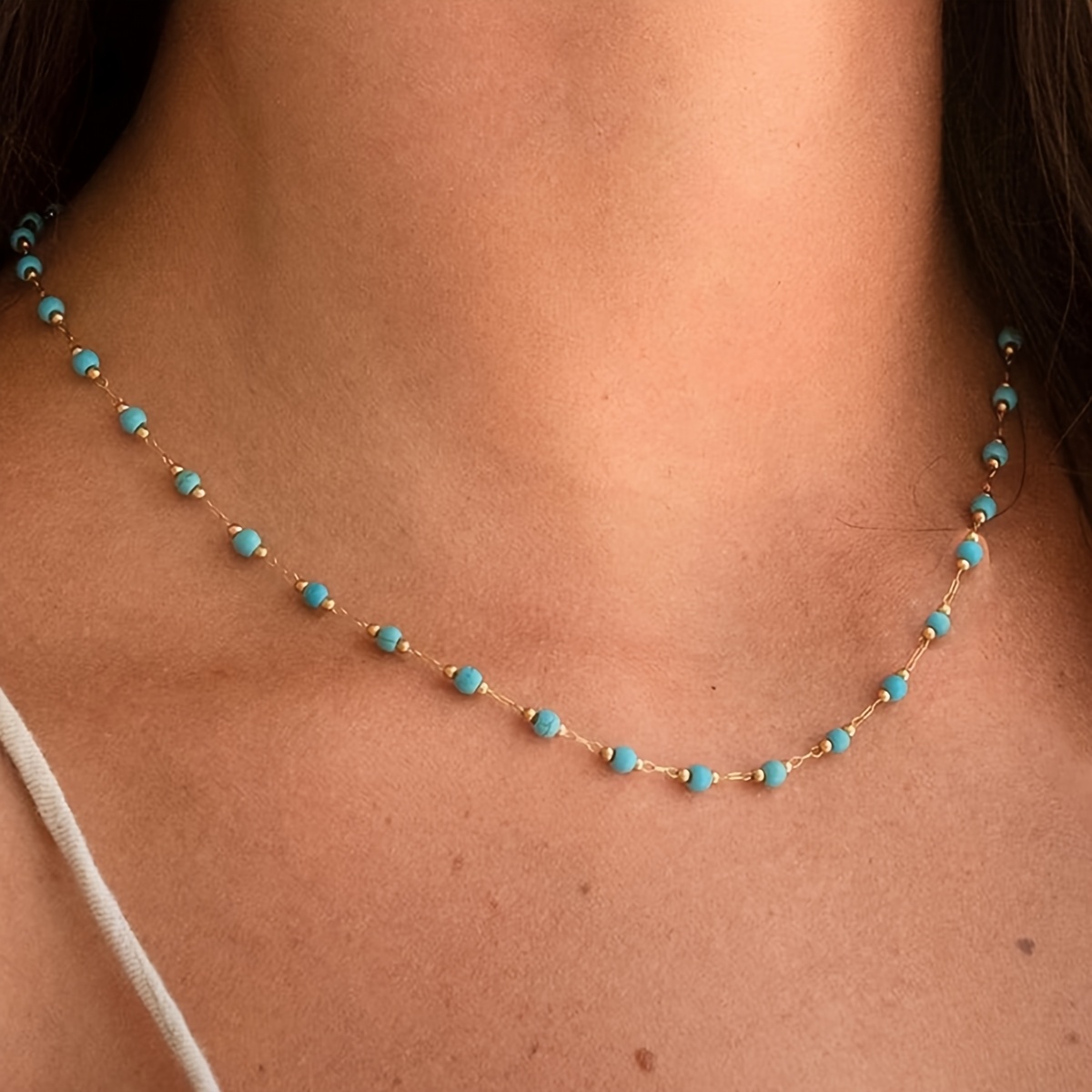 E-shop Edelstahl elegante goldene Perlenkette im Bohemian-Stil, Türkis-Perlenkette, Naturstein-Halskette für Damen für , Party, Strand, Urlaub
