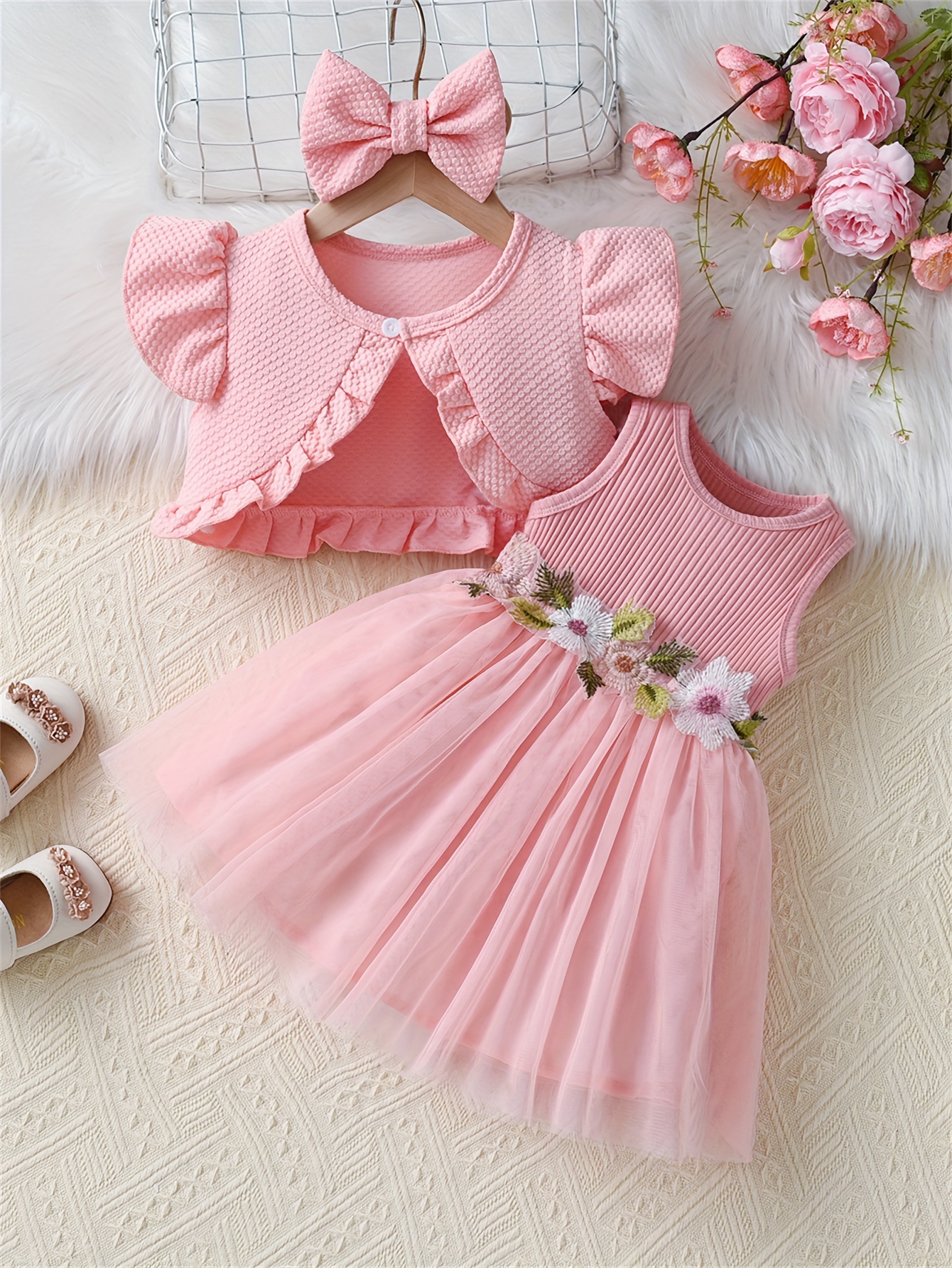 2pcs Baby Girl All Over Floral Applique Mesh Long-sleeve Dress with Headband Set