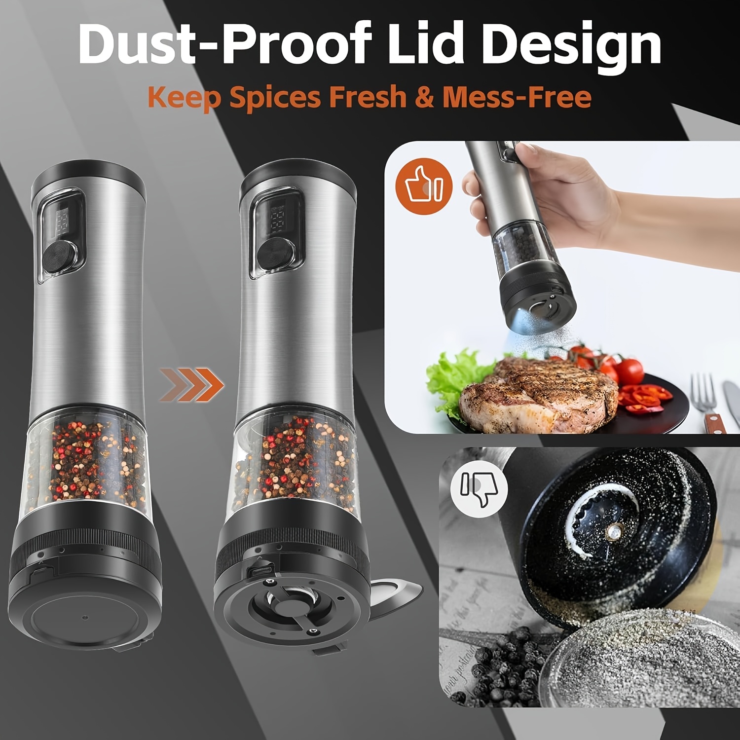2 pack electric salt and pepper grinder automatic   with built in battery indicator rugged stainless steel body 5 setting grind adjustment magnetic charging and storage base   kitchen countertops and camping activities