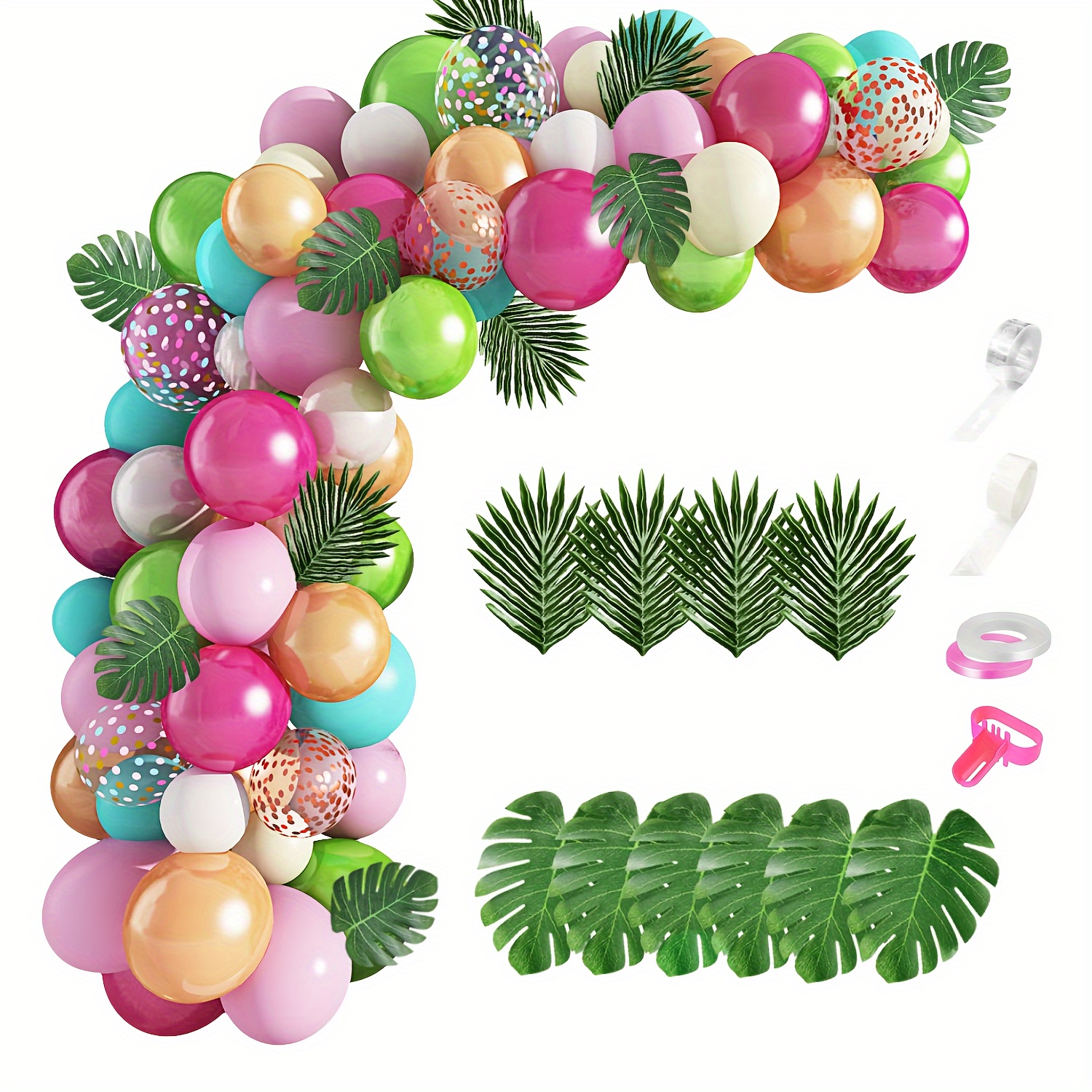 

117 Pieces Balloon Size Accessories: Festive Tropical Balloon Arch Kit With Palm Leaves, 5 Decor Tools, And 6 Pink Flamingos For Summer Pool, Birthday, Wedding, Or Adult Party Celebrations