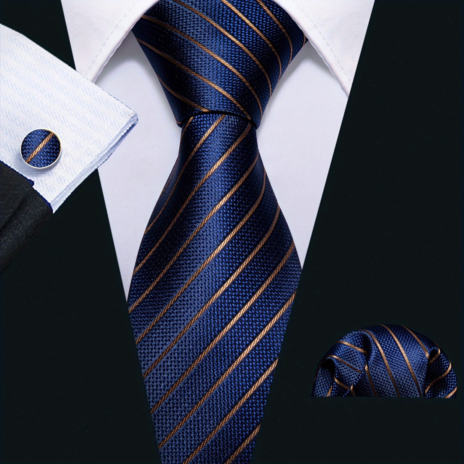 

Barry.wang Men's Striped Necktie & Pocket Square & Cufflinks Set, For Wedding Business, Father's Day Gift