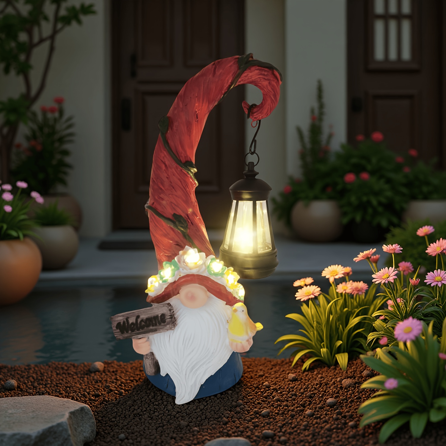 TEMU Outdoor/ Indoor Led Lights Gnome Statue With Lantern Solar Powered Resin Figurine For Patio Porch Garden Decoration - Ip44 Garden Sculptures,