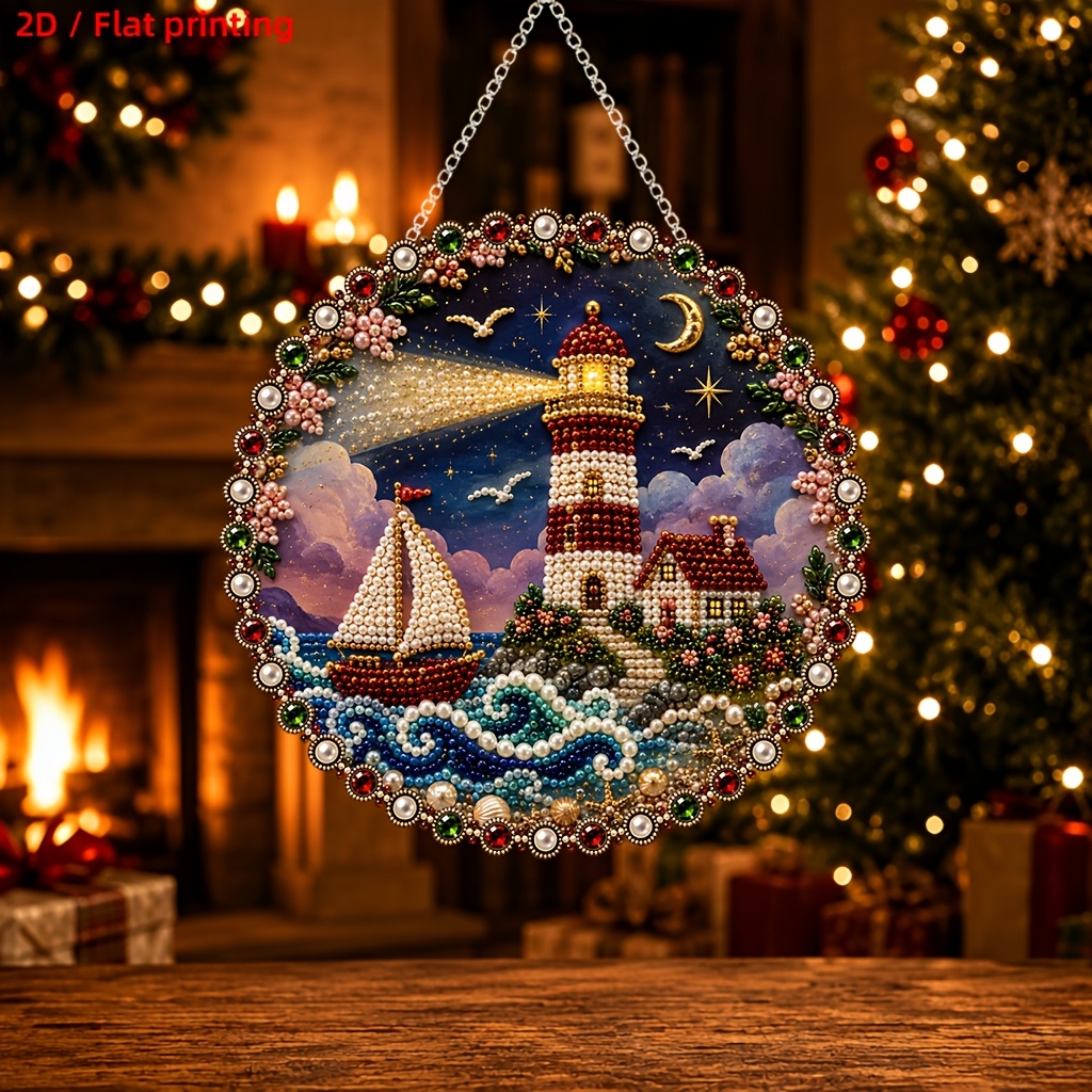 TEMU 2d Flat - 2d/flat Printing Diamond Pendant Featuring Lighthouse And Sailboat Design, Holiday Party Scene Decoration Gift