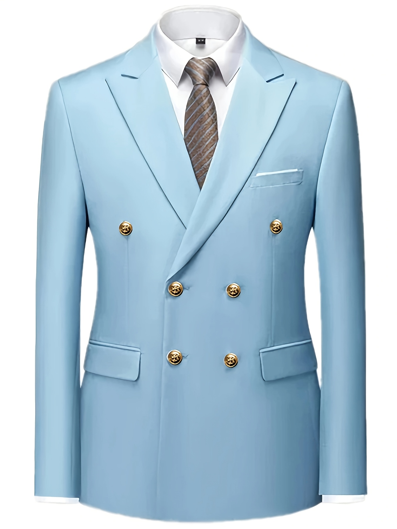 Men's Slim Fit Light Blue Double-Breasted Blazer & Pants Set - Elegant Evening Dress Suit for Business or Formal Occasions, 2pcs Polyester Fabric Outfit with Lapel Collar and Button Details, Formal Wear|Sleek Suit Design|Golden Button Accents