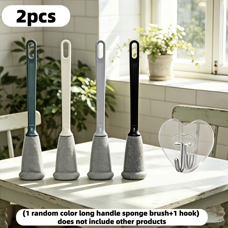 TEMU 2pcs (1pc Random Color Long Handle Sponge Brush And 1pc Hook) Multipurpose Cup And Jar Scrubber, Essential Kitchen Cleaning Tools For , Reusable