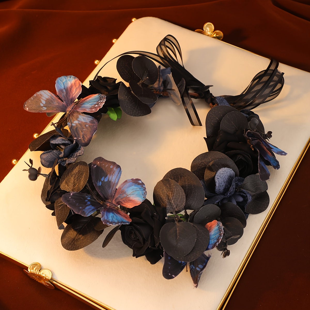 Gothic Black Rose & Butterfly Wreath Headpiece