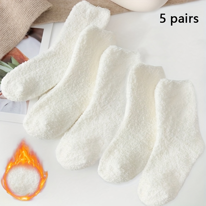 TEMU 5 Pairs Of White Solid Color Coral Fleece Warm Mid-calf Socks, Suitable For Floor Use, , Casual , High Socks, Women's Socks, Socks, Thick Socks,