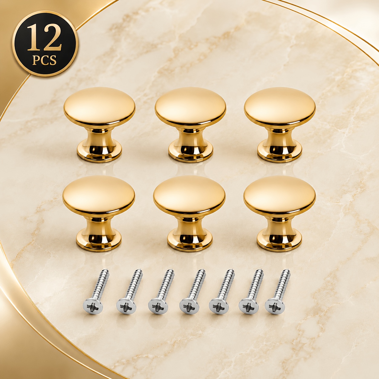 TEMU 12 piezas (6 pomos dorados para gabinetes + 6 tornillos) Pomos de cajón modernos redondos tipo champiñón, manijas de muebles de metal para