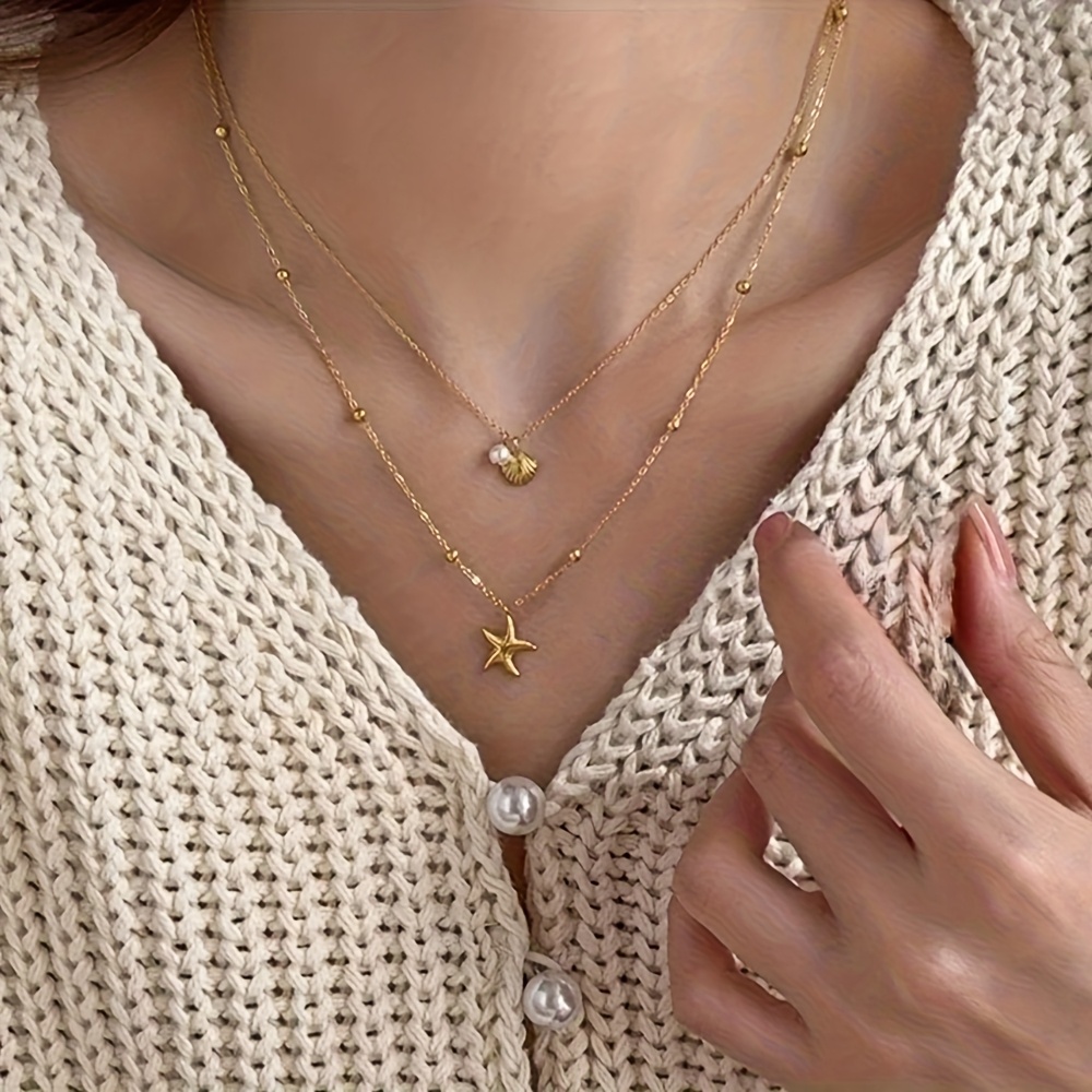 E-shop Vintage Schmuck mit Natur- Ozean-Design, 2026, wasserdicht, 2-lagige Muschel-Seestern-Anhänger-Kettenkette für Damen, Halsketten-Accessoire aus