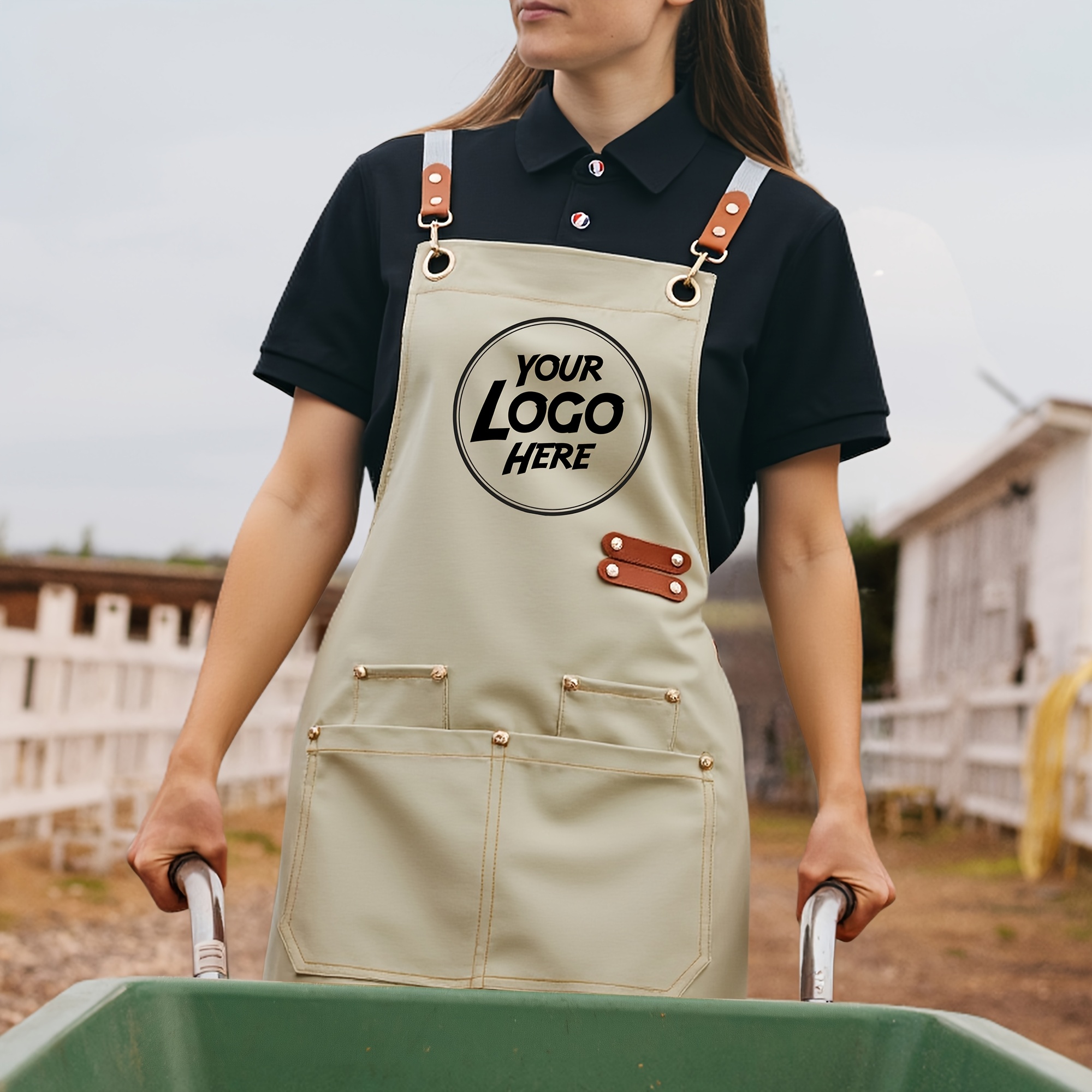 TEMU 1 Custom Logo Personalized Polyester Apron - Durable Adjustable Chef & Bbq Apron With Multiple Pockets, Reinforced Stitching, Suitable For