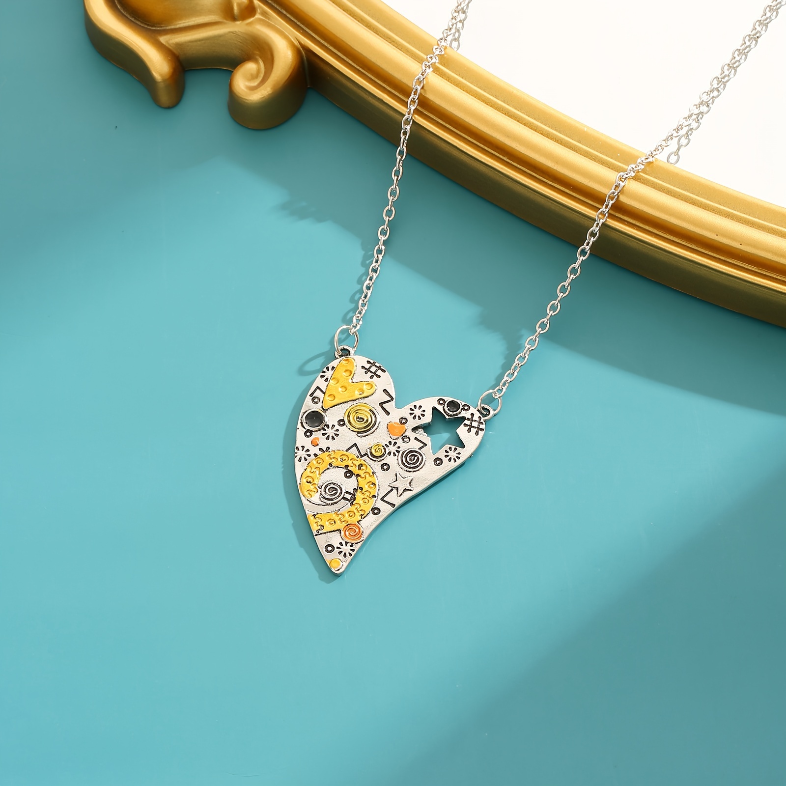 TEMU Creative Retro Heart Shape Hollow Out Star Fashion Pendant Necklace Gothic Ladies Necklace Festival Jewelry Ornament