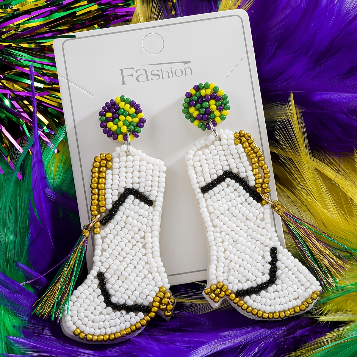 

1 Pair Cute Handcrafted Beaded Boot Dangle Earrings With Tassels, Stainless Steel Post, Mardi Gras Day Women's Jewelry For & Party Celebrations