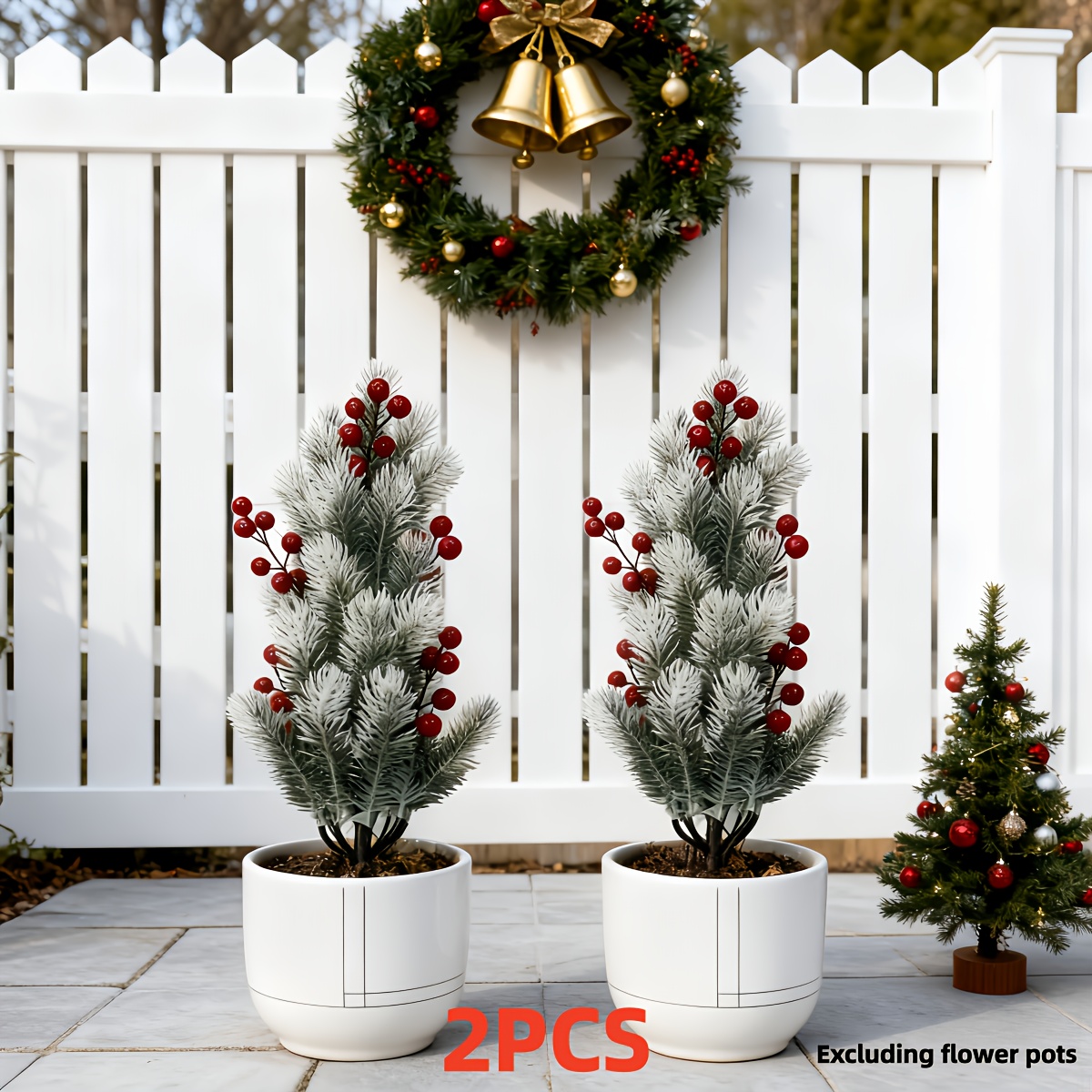 TEMU 2pcs Extra Large Realistic Cedar Christmas Trees With Red Ornaments - Outdoor/indoor Shrubs With Base Plate, Suitable For Gardens, Courtyards,