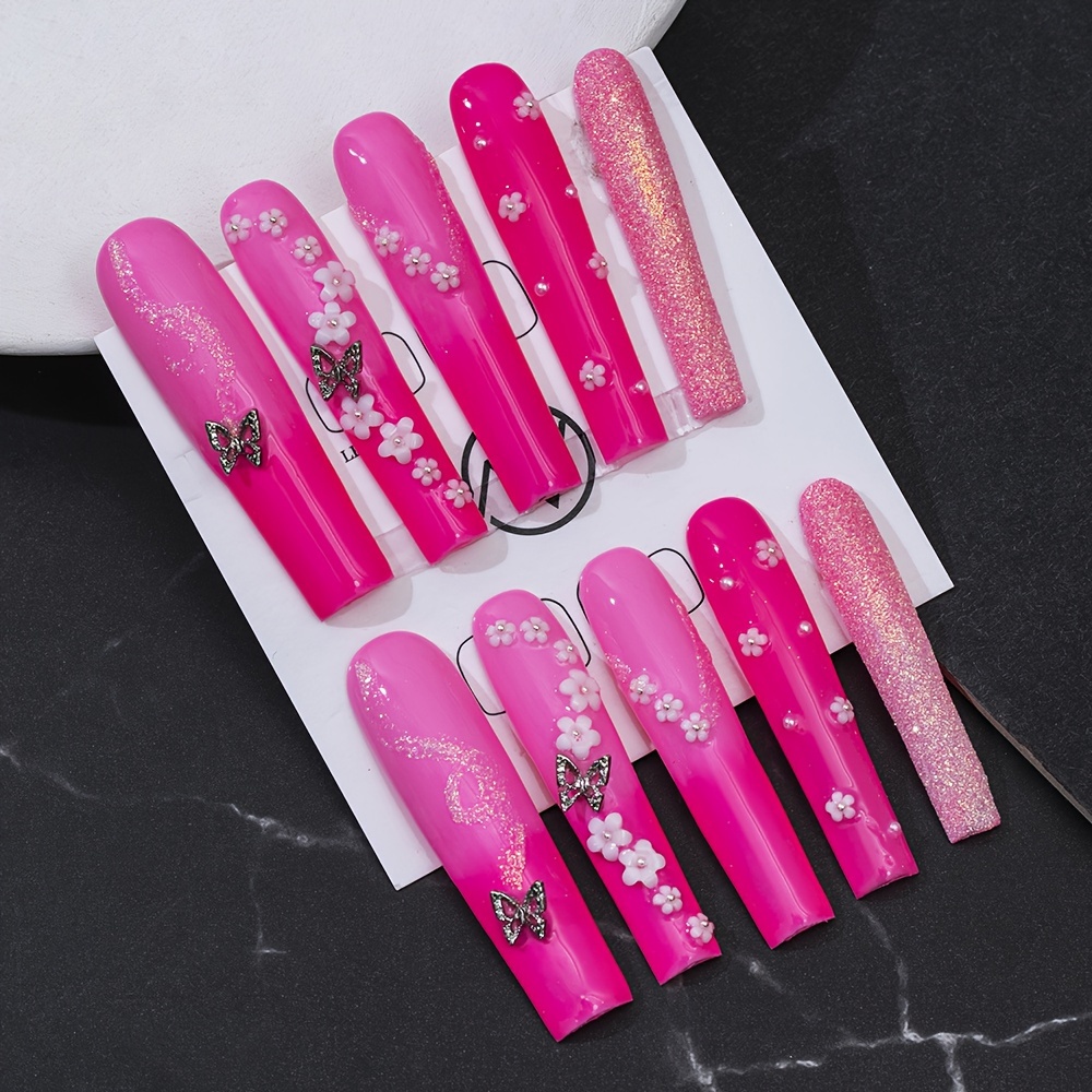 

Pink Long Square Handmade Press On Nails, 10pcs