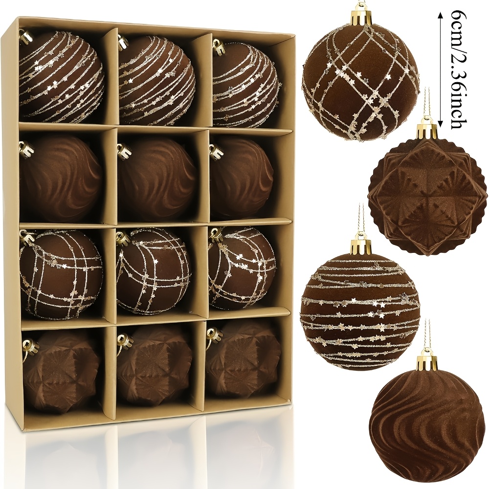 TEMU 12pcs 2.36/3.15 Inch Velvet Christmas Balls Brown Flocked Shatterproof Hanging Ball Ornaments Christmas Tree Decorative Ornaments For Xmas Party