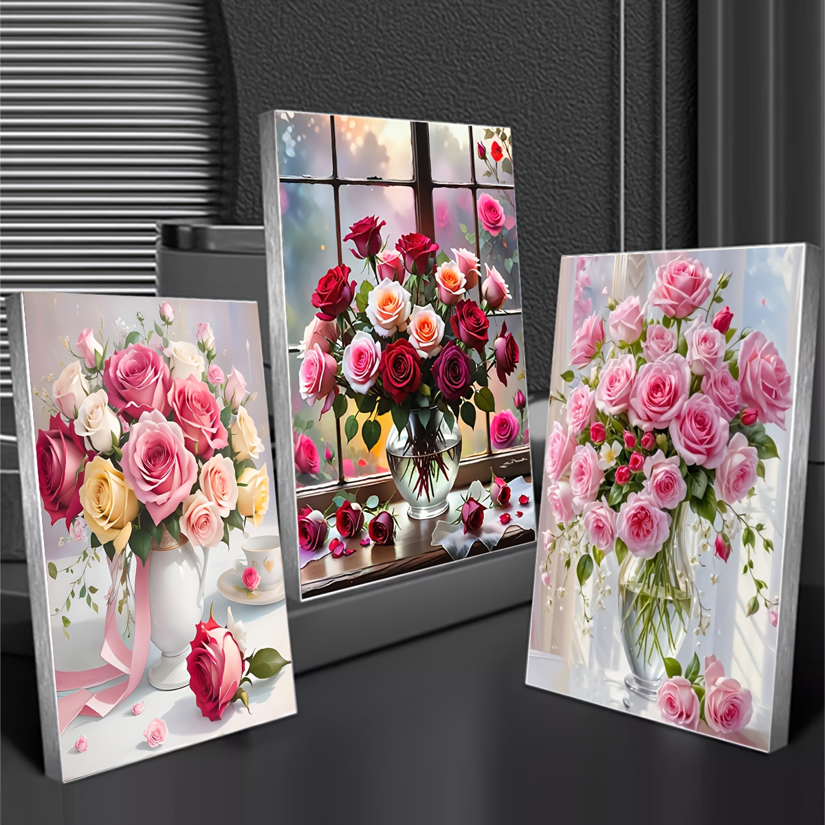 Image of 3pcs Diy Diamond Painting Round Diamond Suitable For Flower Mosaic Art, With Round Diamonds, 30x40cm/15.75x11.81in Craft Project For Decor, Complete Drill