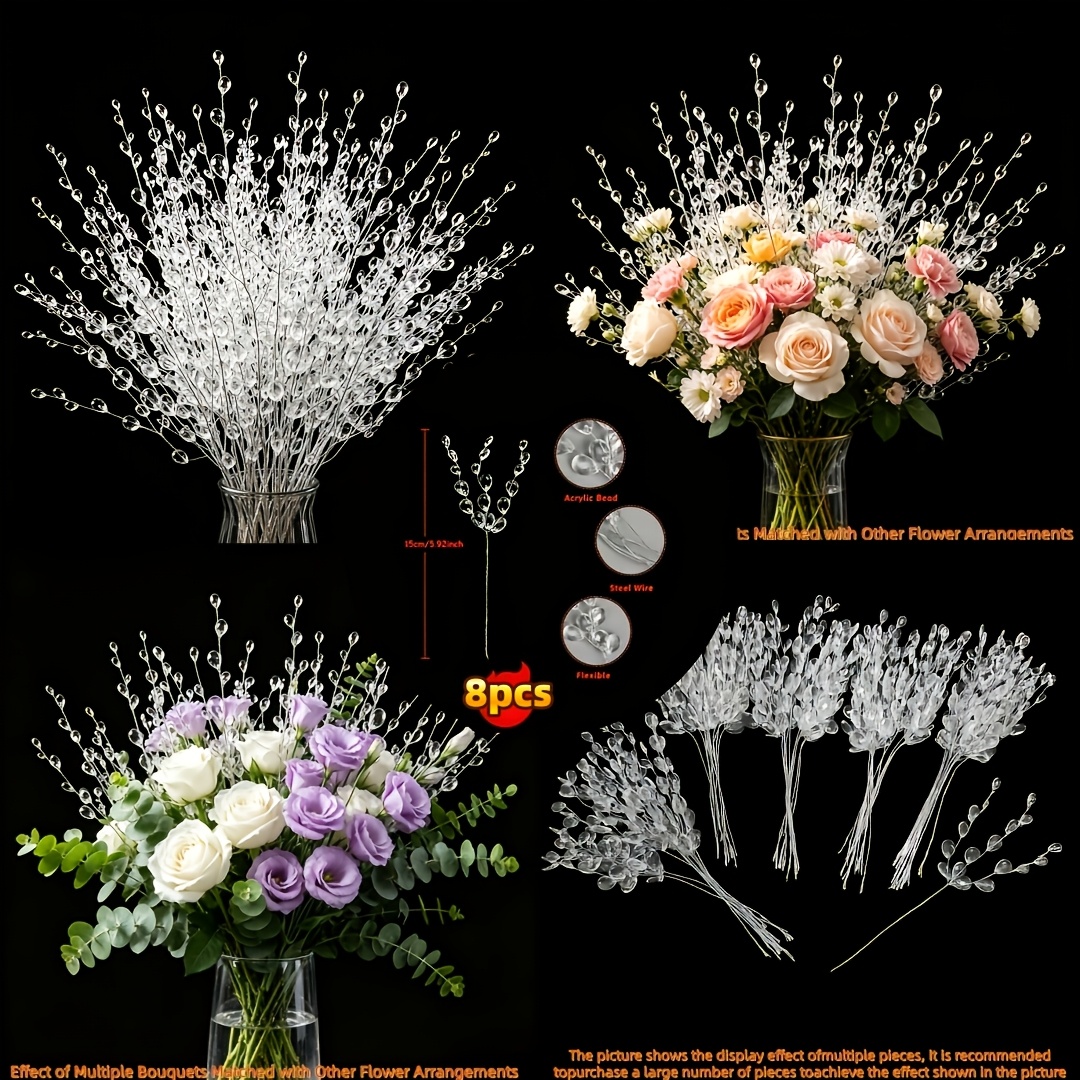 TEMU 8pcs Artificial Crystal Bead Flower Branches, Transparent Drop-shaped Acrylic Bead Flower Stems, Silvery Line Flower Art , Simulated Water Drop