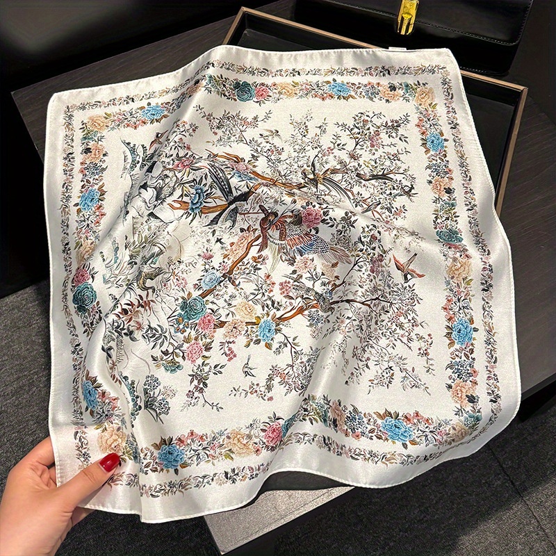 TEMU 100% Silk Vintage Elegant Women's Meticulously Painted Floral And Bird Small Square Scarf | Exquisite Floral And Bird Collision With Classical ,