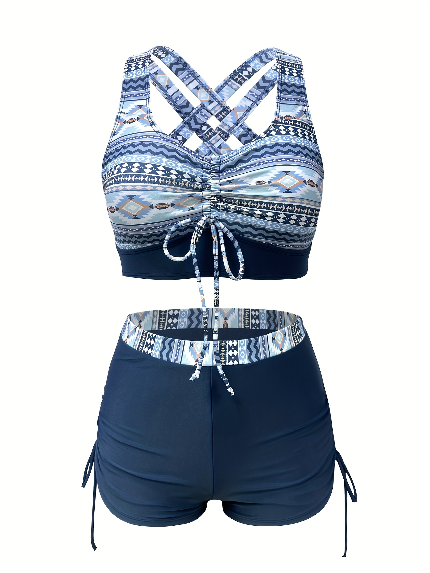 Costume Da Bagno 3 Pezzi Per Ragazza - Bikini Alto + Pantaloncini + Gonna Coperta, Stampa Tie-Dye - Foto 12