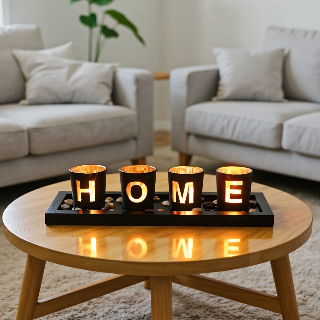 Porte-bougies en verre et bois, ensemble décoratif avec lettres, résistant au vent, pour théières, décoration d'intérieur, cadeau de mariage ou maison
