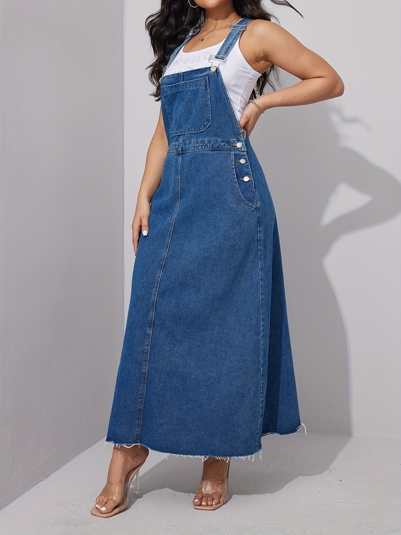 Plain Washed Blue Cut Denim Overall Dress Adjustable Temu South Africa