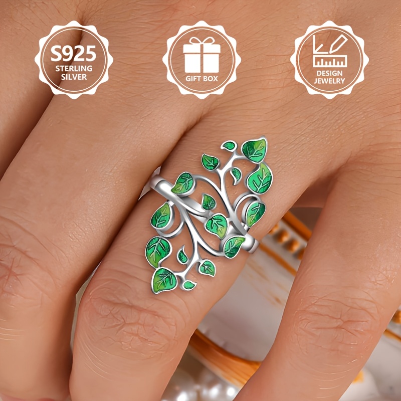 925 Silver Green Leave Branch Women's Ring High End Light Daily