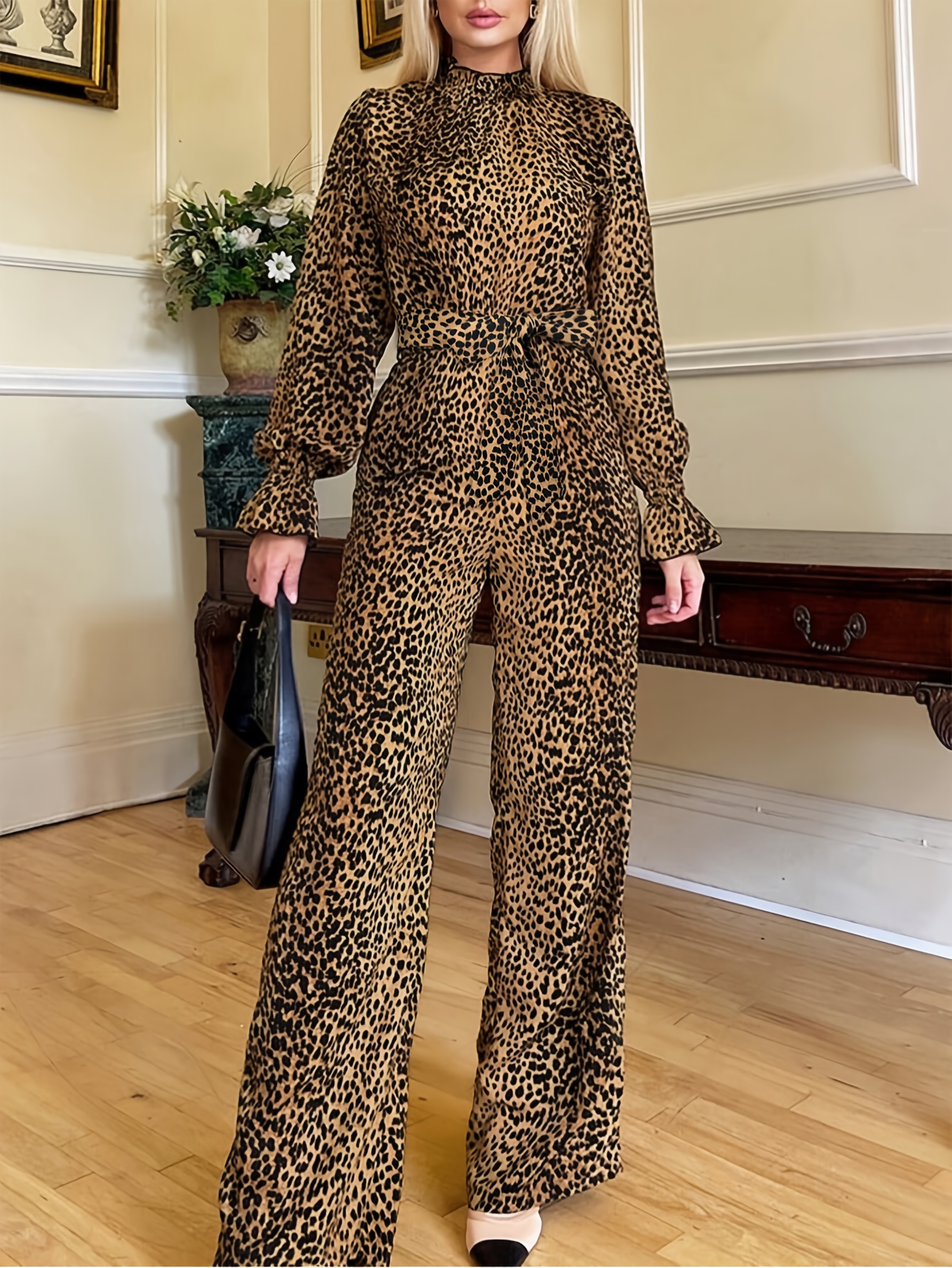 Elegant Women's Fitted Leopard Print Long Sleeve Jumpsuit - */Winter  Business Attire with Versatile Style and Chic * Collar Design