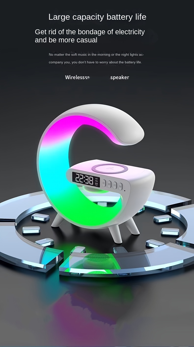 Una lámpara RGB multifuncional con varios modos de iluminación, que incluye carga inalámbrica, una función de altavoz inalámbrico, un reloj de pantalla y soporte para la reproducción de tarjetas TF