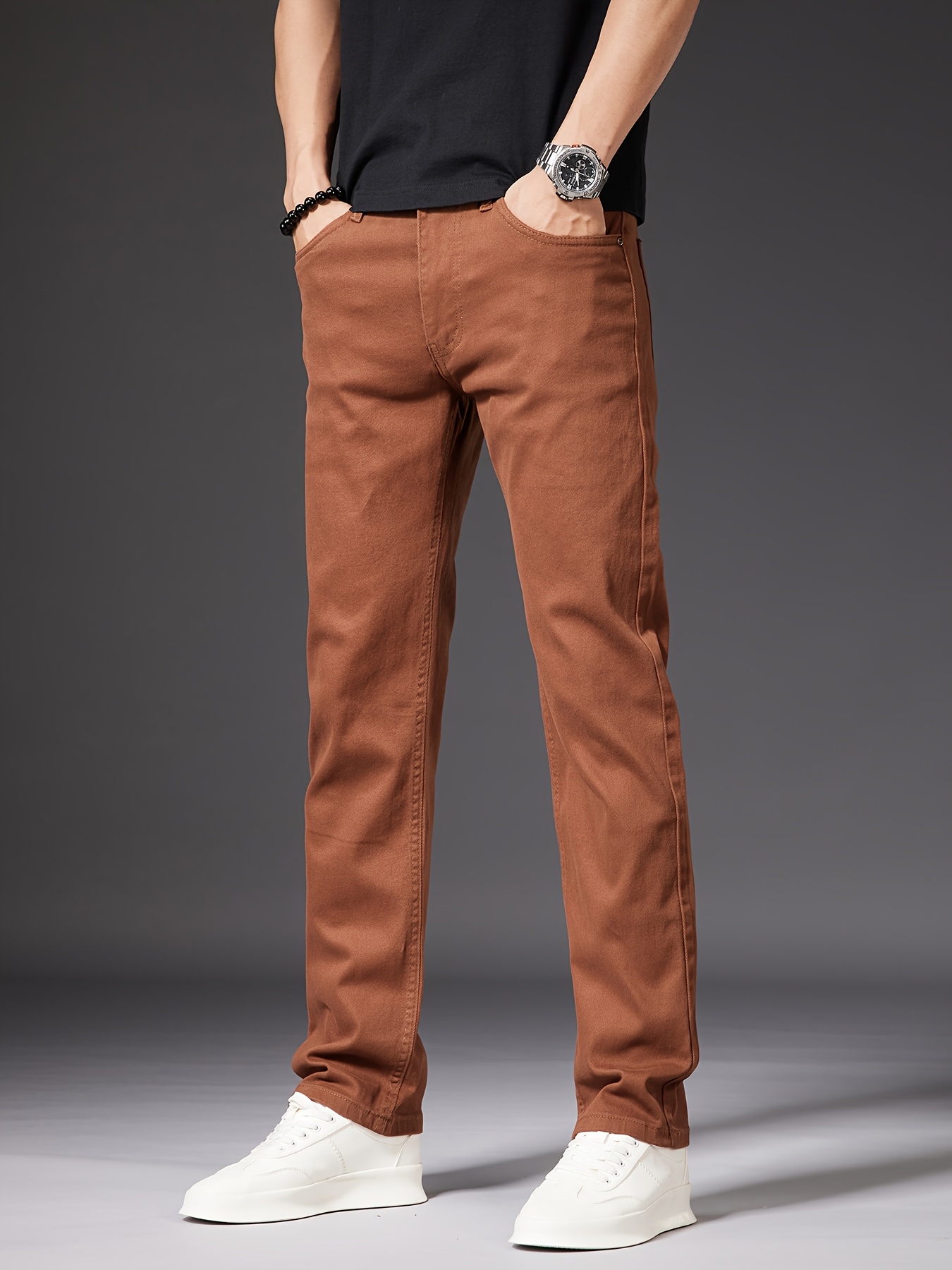 2025 Llegados para Hombres, Moda, Jeans Marrones de Café  Informales, Elásticos, de Color Pierna Negoci