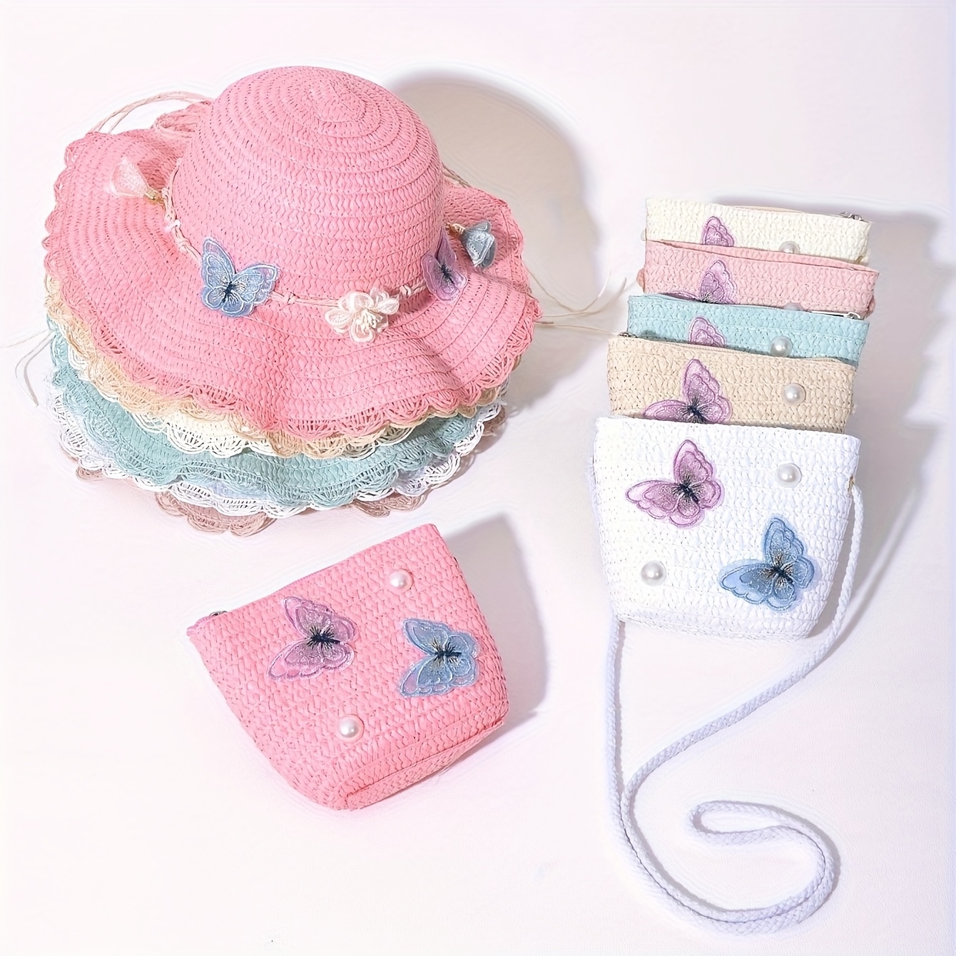 2pcs set girls   and floral straw hat and crossbody bag breathable hat lightweight portable sunshade windproof rope hat fisherman hat suitable for kids and toddlers outdoor vacation summer beach party